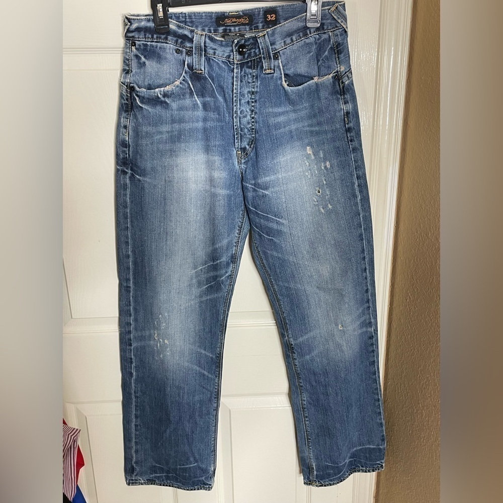 Vintage Ed Hardy Jeans Mens Size 32x31 Distressed Medium Wash Y2K Button Fly‍‍﻿﻿ - Picture 4 of 11